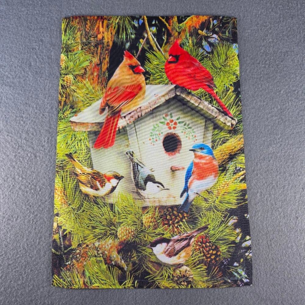Garden Flag Bird House Cardinals 18x12" Birds Robin Pine Tree